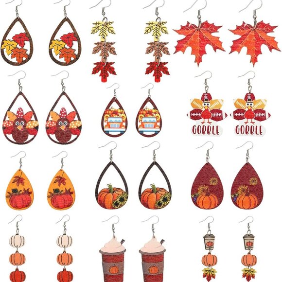 Jewelry - 24PCS Thanksgiving Earrings Set Autumn Fall Earrings for Women, Wooden Maple Lea